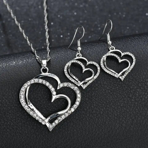 Double Love Peach Heart Earrings Necklace Set
