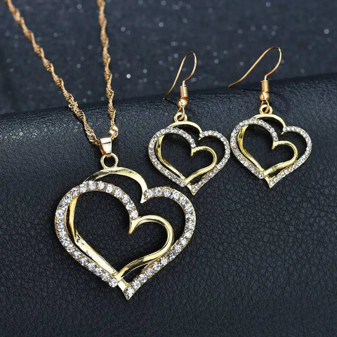 Double Love Peach Heart Earrings Necklace Set